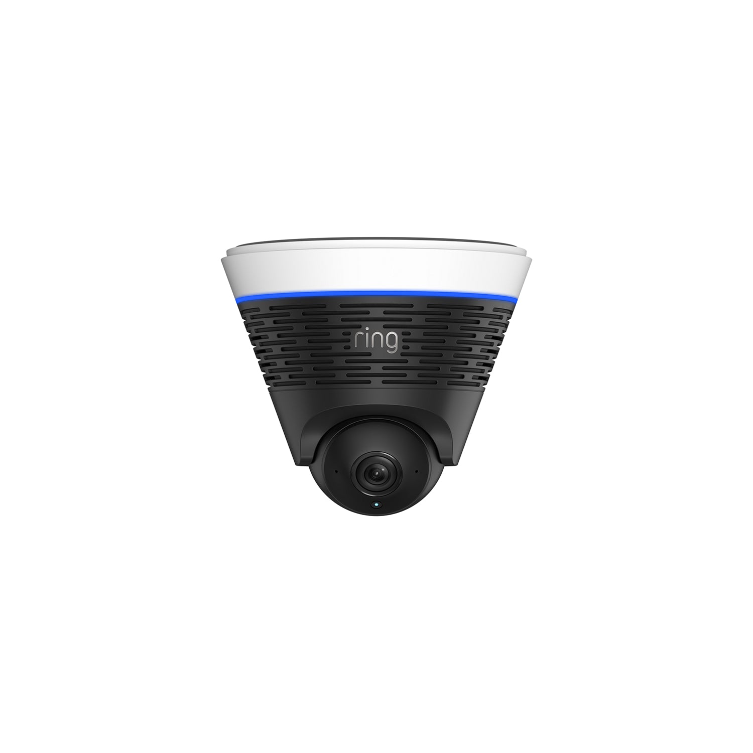 Ring ceiling-mounted dome security camera with black and white body, blue status light, and a dome lens centered at the bottom.