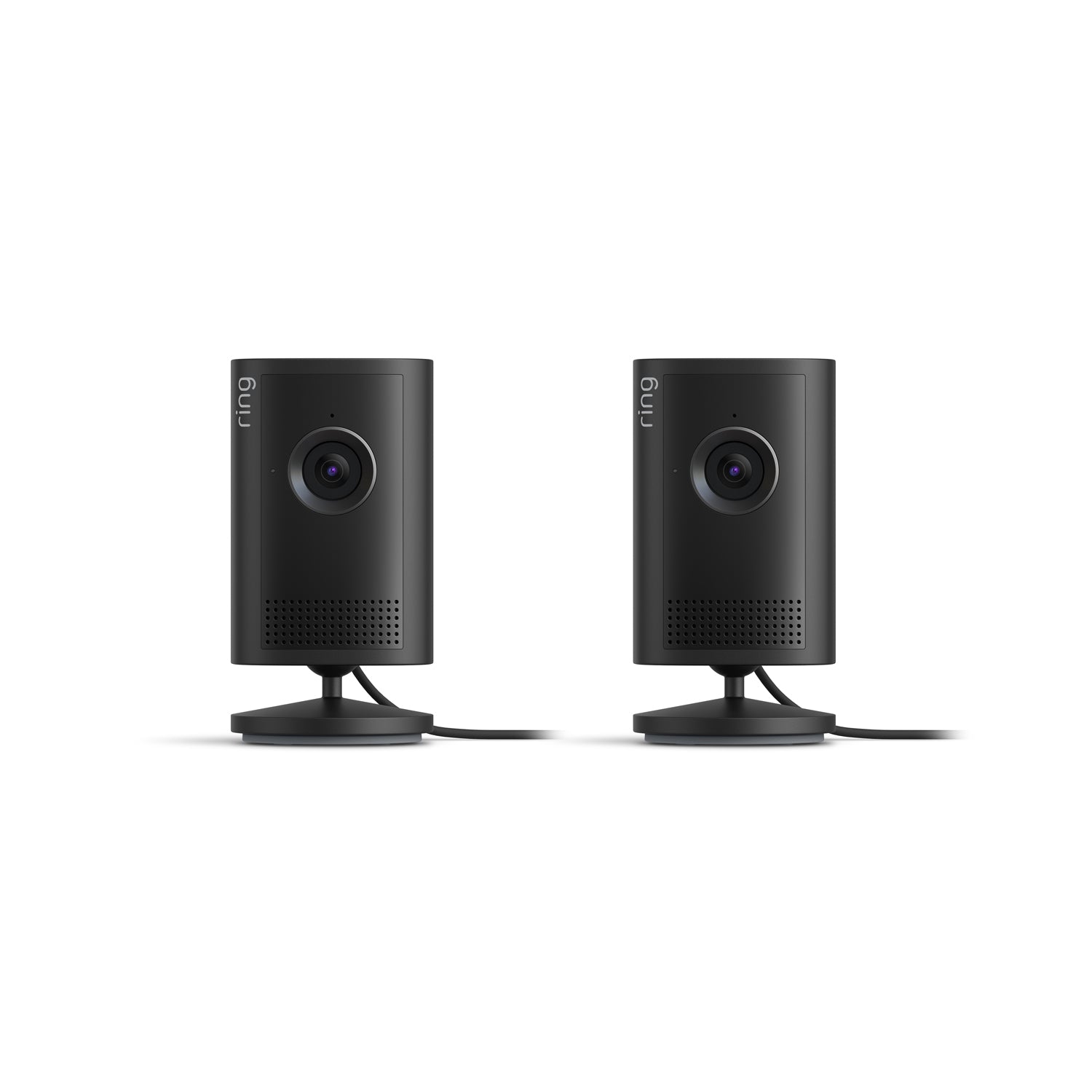 Two black Ring indoor plug-in cameras on stands, front view, with lenses centered and vented speaker grilles below.