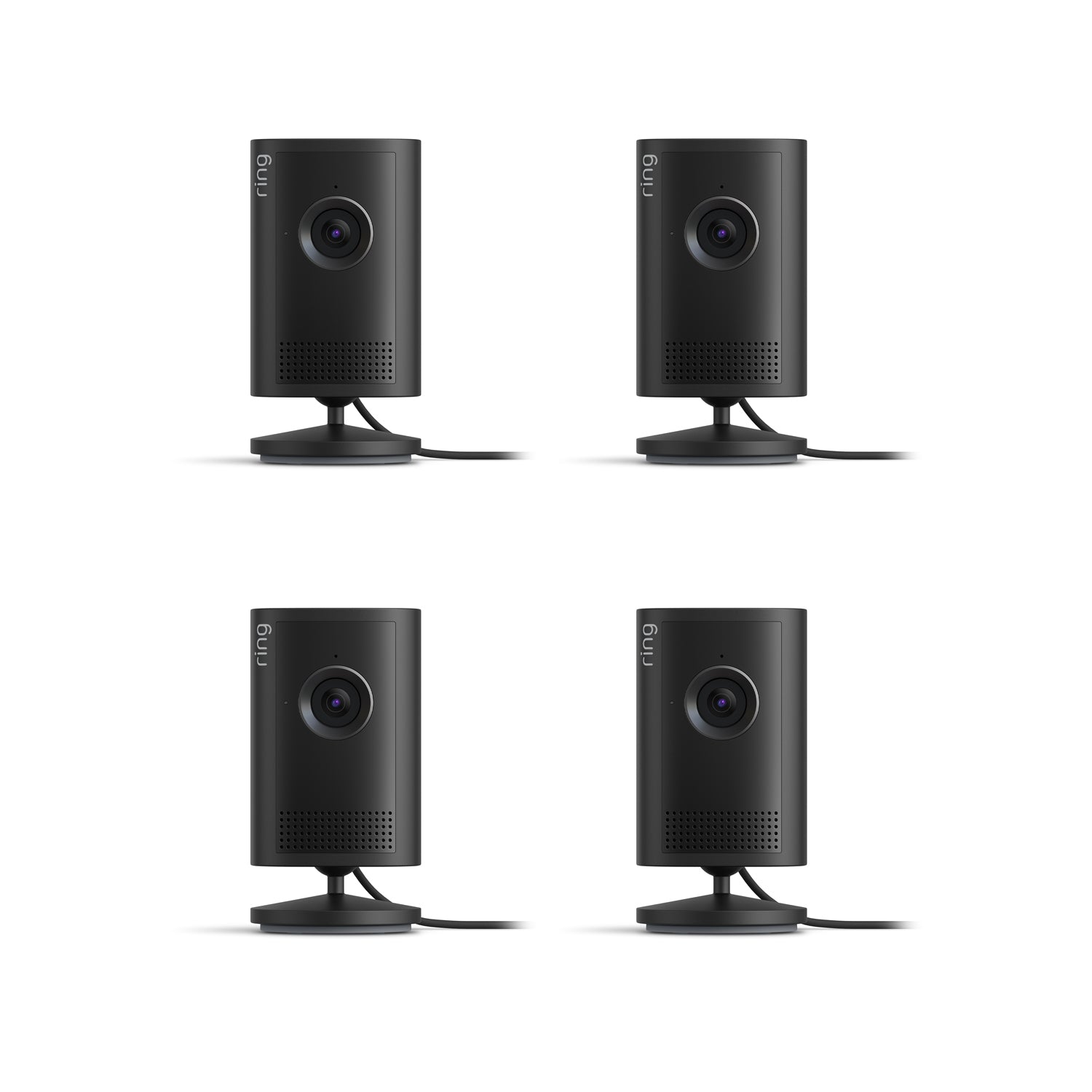 Plug-In / Black/ 4-pack:Indoor Cam 2K. Four black, cylindrical Indoor Cam 2K. Four devices are standing on a small circular base.