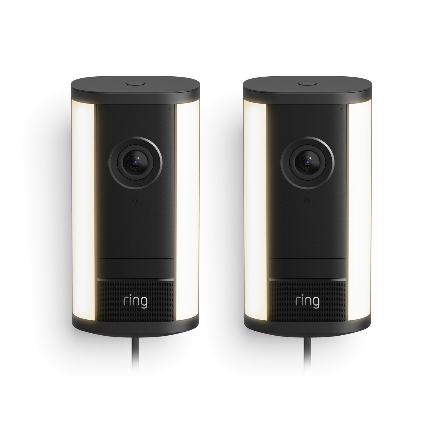 Two black Ring Spotlight Cam 4K Pro plug-in cameras with vertical light strips, front lenses centered, shown side by side on a white background.