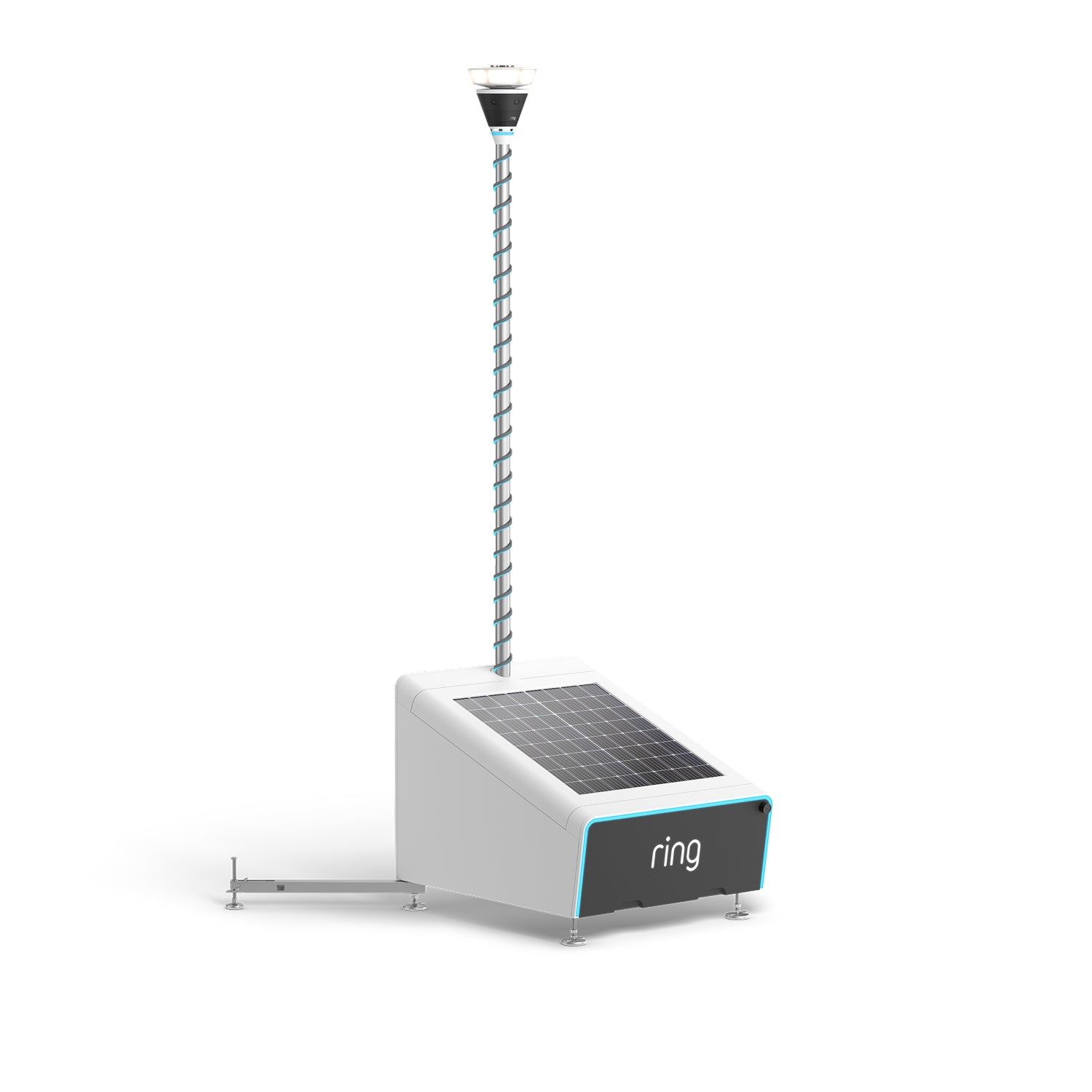 Ring mobile security device with tall pole-mounted camera and light, attached to a portable unit featuring a tilted solar panel and iLoq smart lock built-in on a white background.
