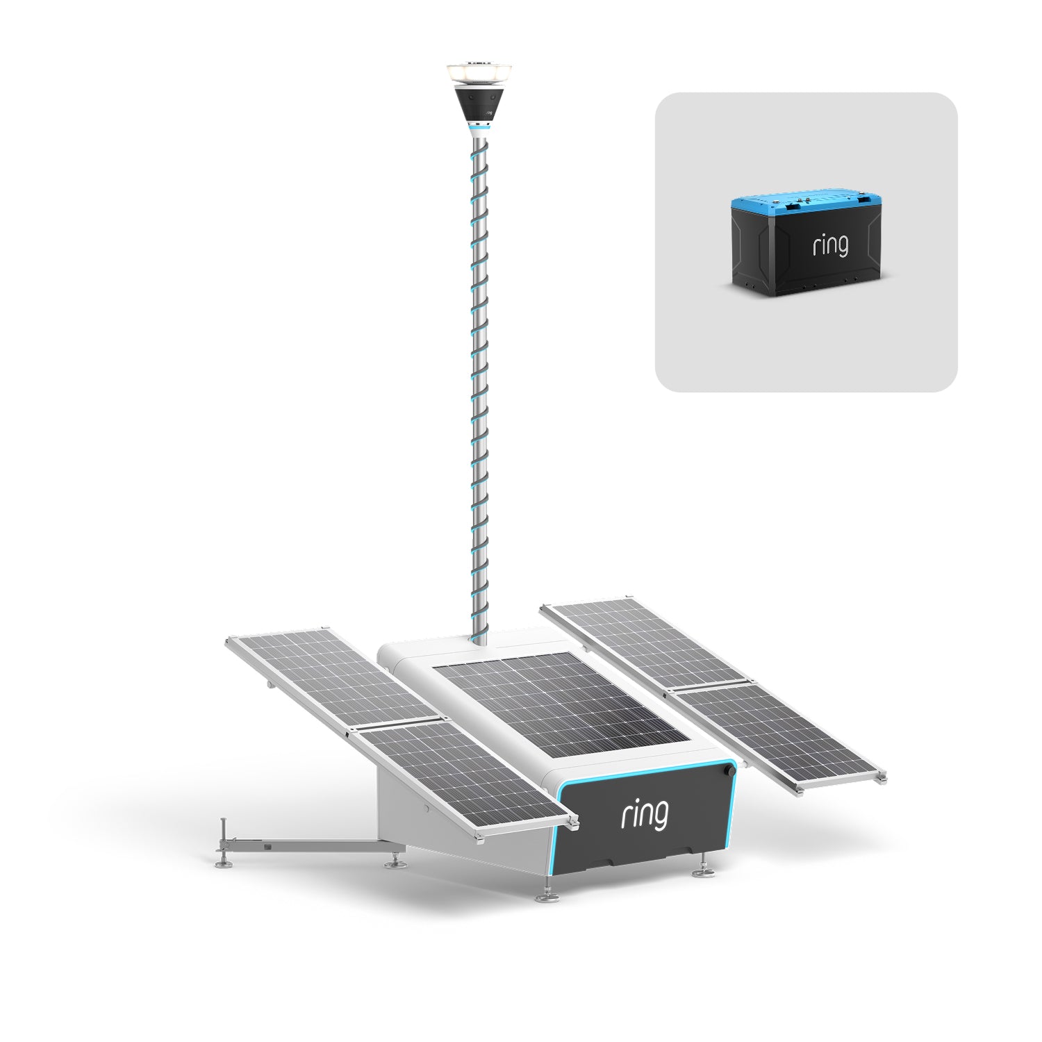 Ring mobile solar-powered security tower unit with four panels, a tall mast-mounted camera and light, and a separate blue-and-black battery.
