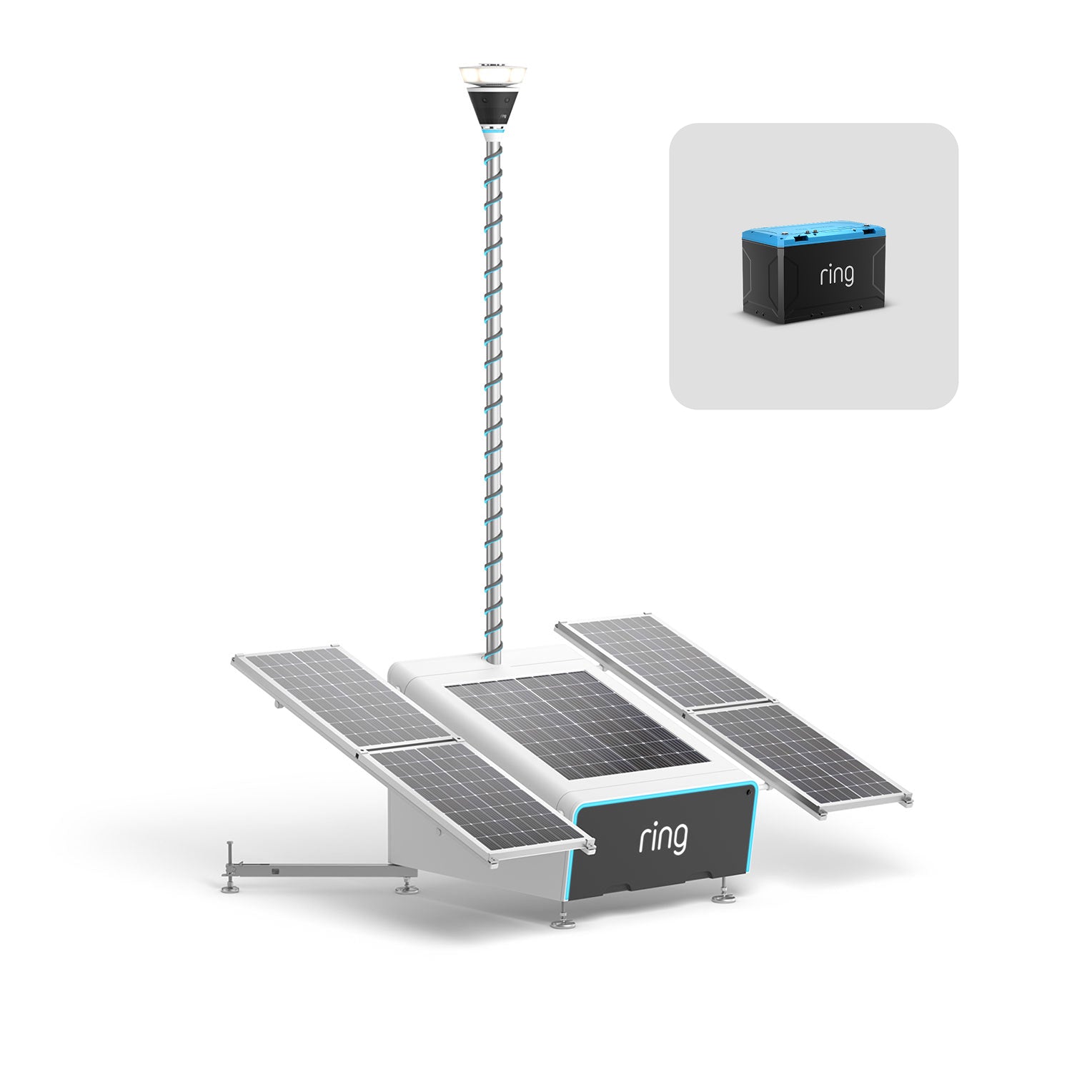Ring solar-powered portable security unit with raised camera mast, four fold-out solar panels, and a removable battery pack.