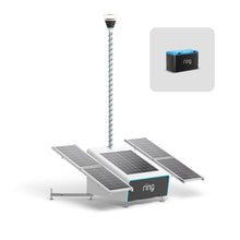 Ring solar-powered portable security unit with raised camera mast, four fold-out solar panels, and a removable battery pack.