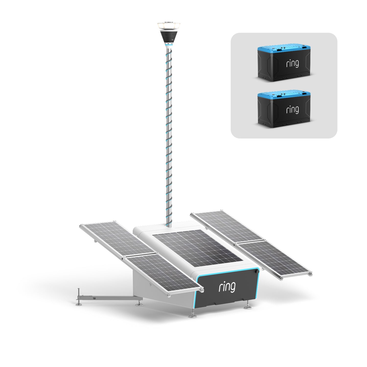 Ring-branded mobile solar-powered camera tower unit with four fold-out panels and a tall pole-mounted camera, shown with two detachable battery packs.
