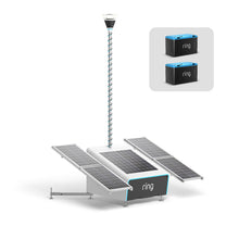 Ring-branded solar-powered mobile security tower unit with a tall camera mast and three folding solar panels, shown with two backup batteries.