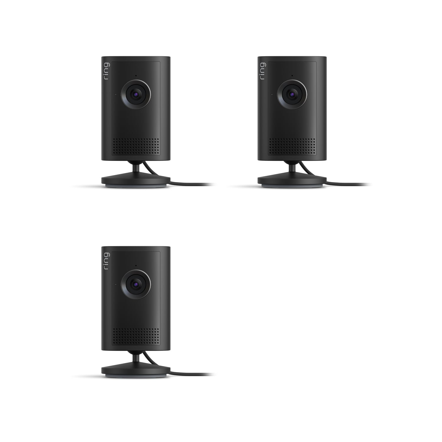  Plug-In / Black / 3-pack:Indoor Cam Plus. Three black, cylindrical Indoor Cam Plus. Two devices are standing on a small circular base.