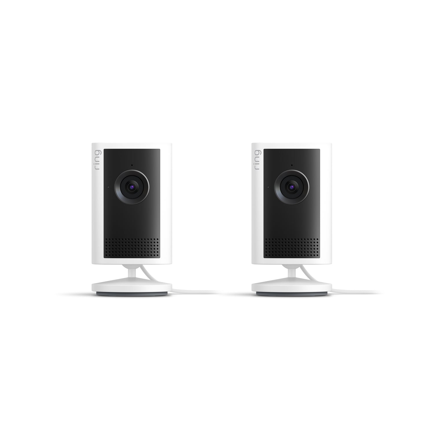 Plug-In / White / 2-pack:Indoor Cam Plus. Two white, cylindrical Indoor Cam Plus. Two devices are standing on a small circular base.