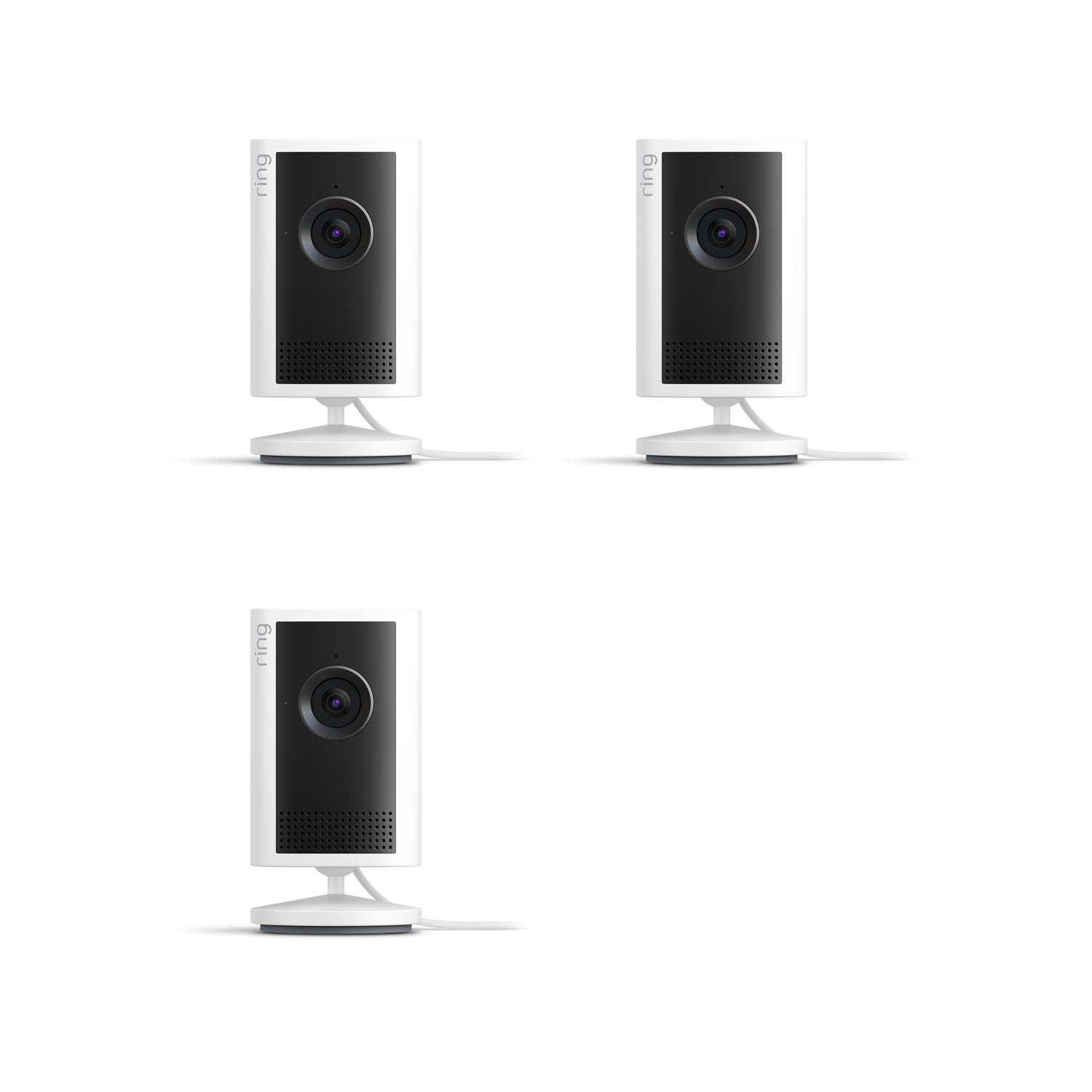  Plug-In / White / 3-pack:Indoor Cam Plus. Three white, cylindrical Indoor Cam Plus. Two devices are standing on a small circular base.