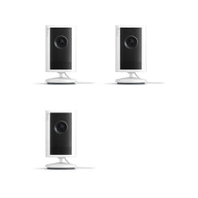  Plug-In / White / 3-pack:Indoor Cam Plus. Three white, cylindrical Indoor Cam Plus. Two devices are standing on a small circular base.