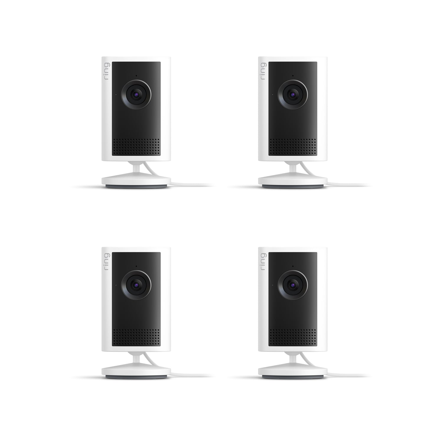 Four white-and-black Ring indoor cameras on stands, evenly spaced on a white background, each with a lens and speaker grille.