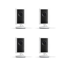 Four white-and-black Ring indoor cameras on stands, evenly spaced on a white background, each with a lens and speaker grille.