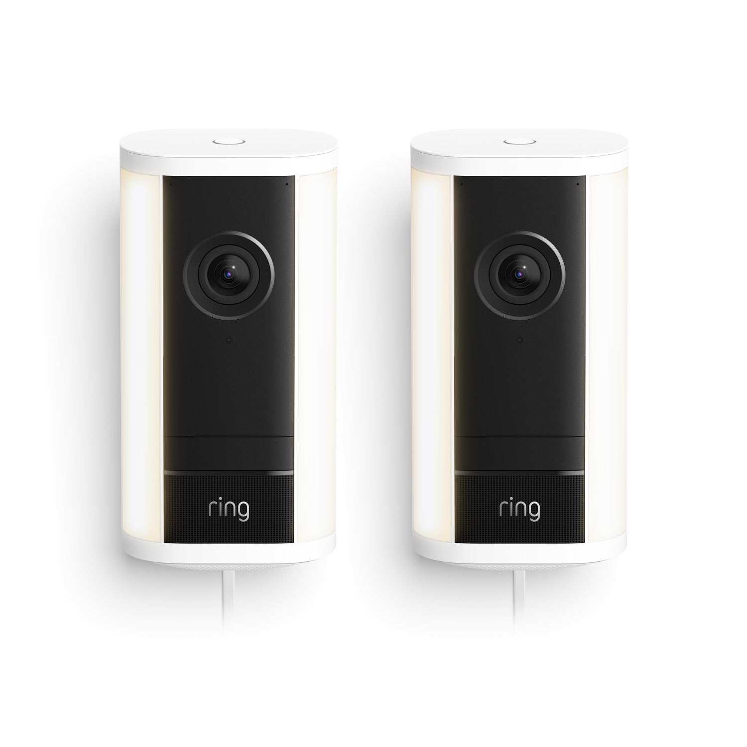 Two white-and-black Ring Spotlight Cam 4K Pro plug-in cameras with front lenses and light strips, shown side by side on a white background.