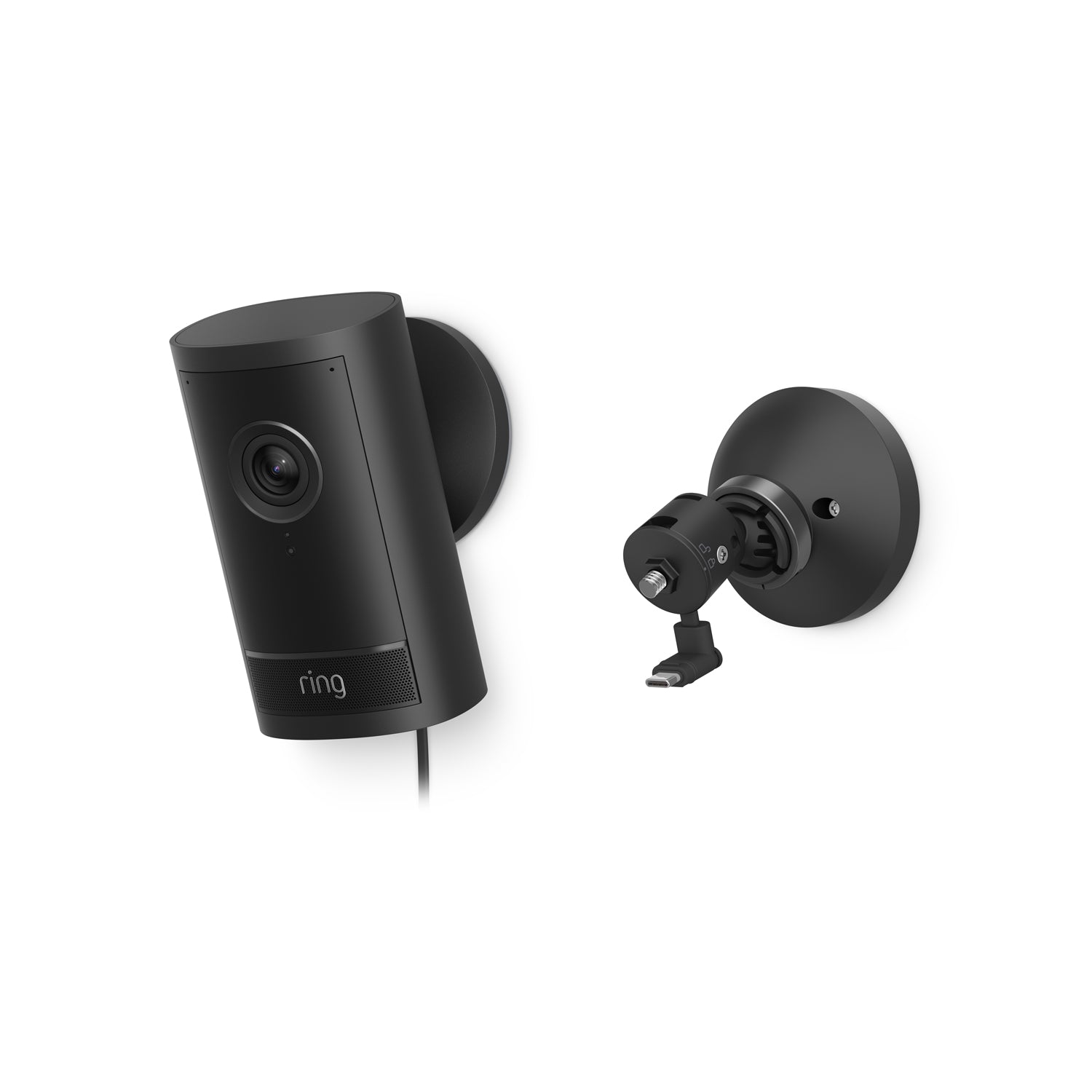 Black Ring Outdoor Cam 4K Pro and wall mount on white background, showing lens, speaker grille, power cable, and adjustable bracket.