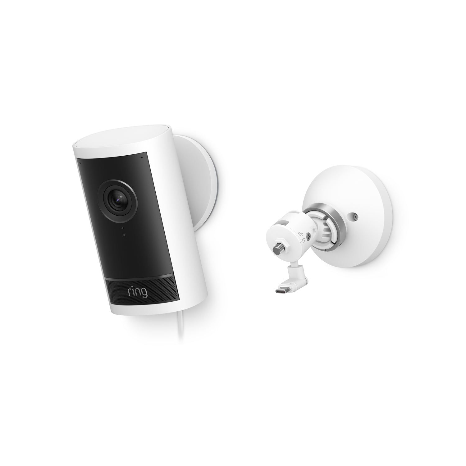 White Ring Outdoor Cam 4K Pro on wall mount with black front panel and lens, shown next to detachable magnetic mount and power connector.