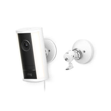 White wall-mounted Spotlight Cam 4K Pro with black faceplate and LED light strips, shown beside an adjustable white mounting bracket and cable.