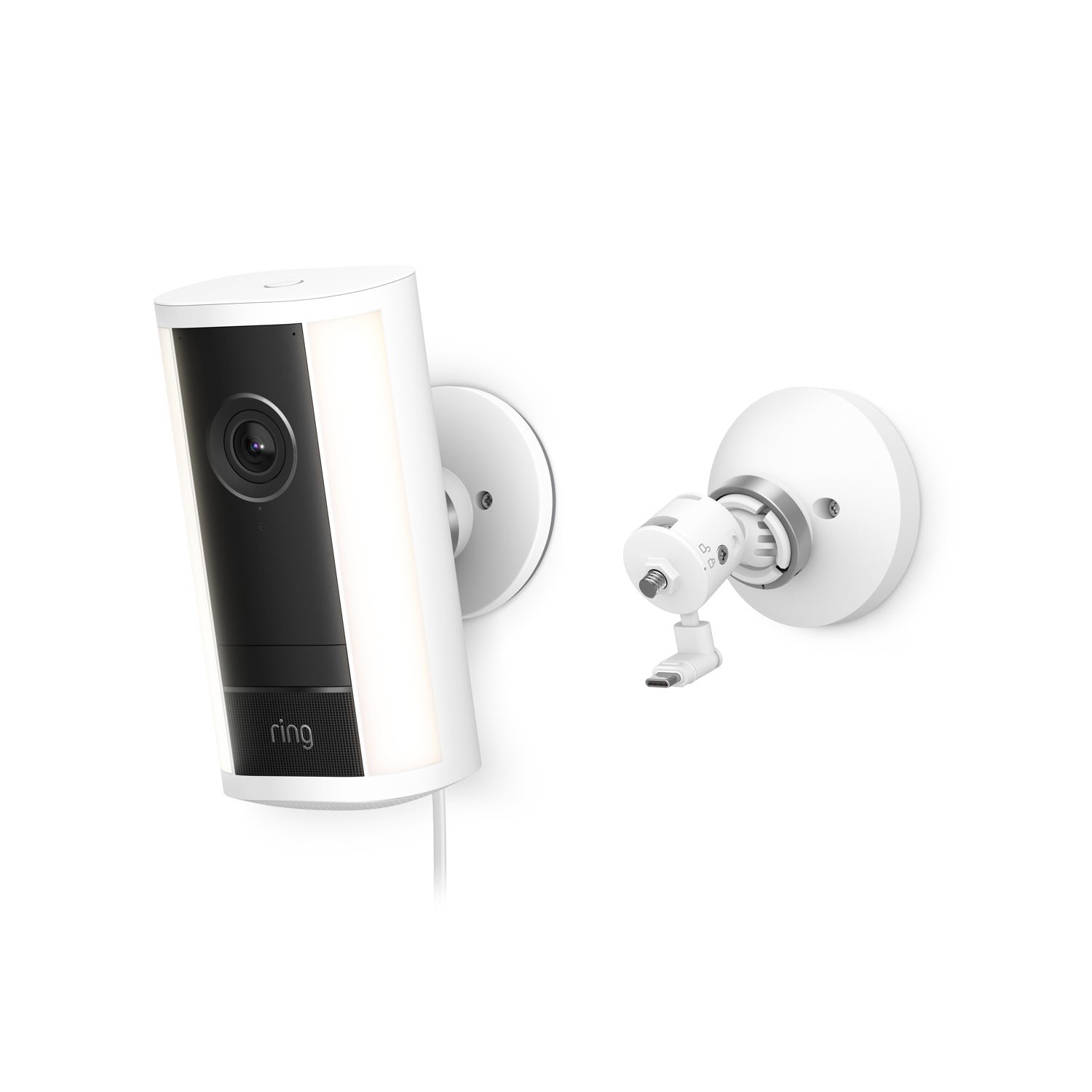White wall-mounted Spotlight Cam 4K Pro with black faceplate and LED light strips, shown beside an adjustable white mounting bracket and cable.