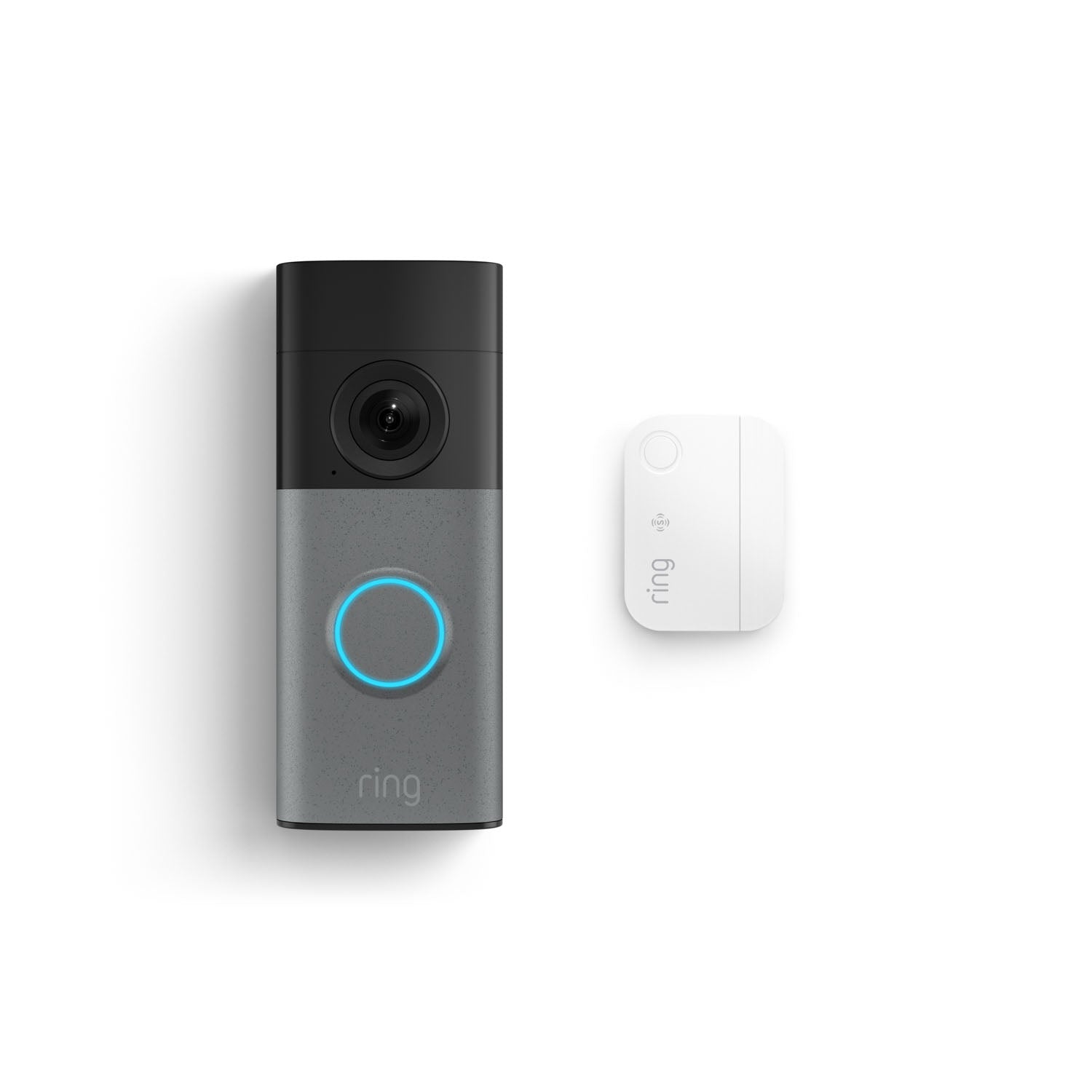 Ring video doorbell with black camera top, gray body, and glowing blue button, shown next to a small white Ring chime module.
