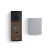Ring video doorbell with brown faceplate and glowing blue button beside a gray chime speaker with small blue status light.