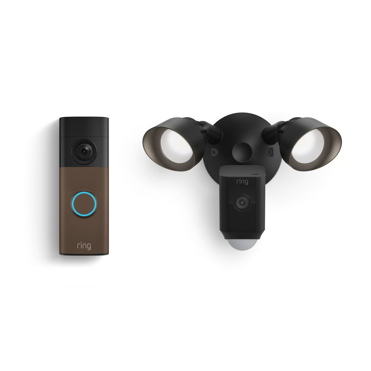 Ring doorbell with blue-lit button next to a black floodlight camera with dual adjustable lights on a white background.