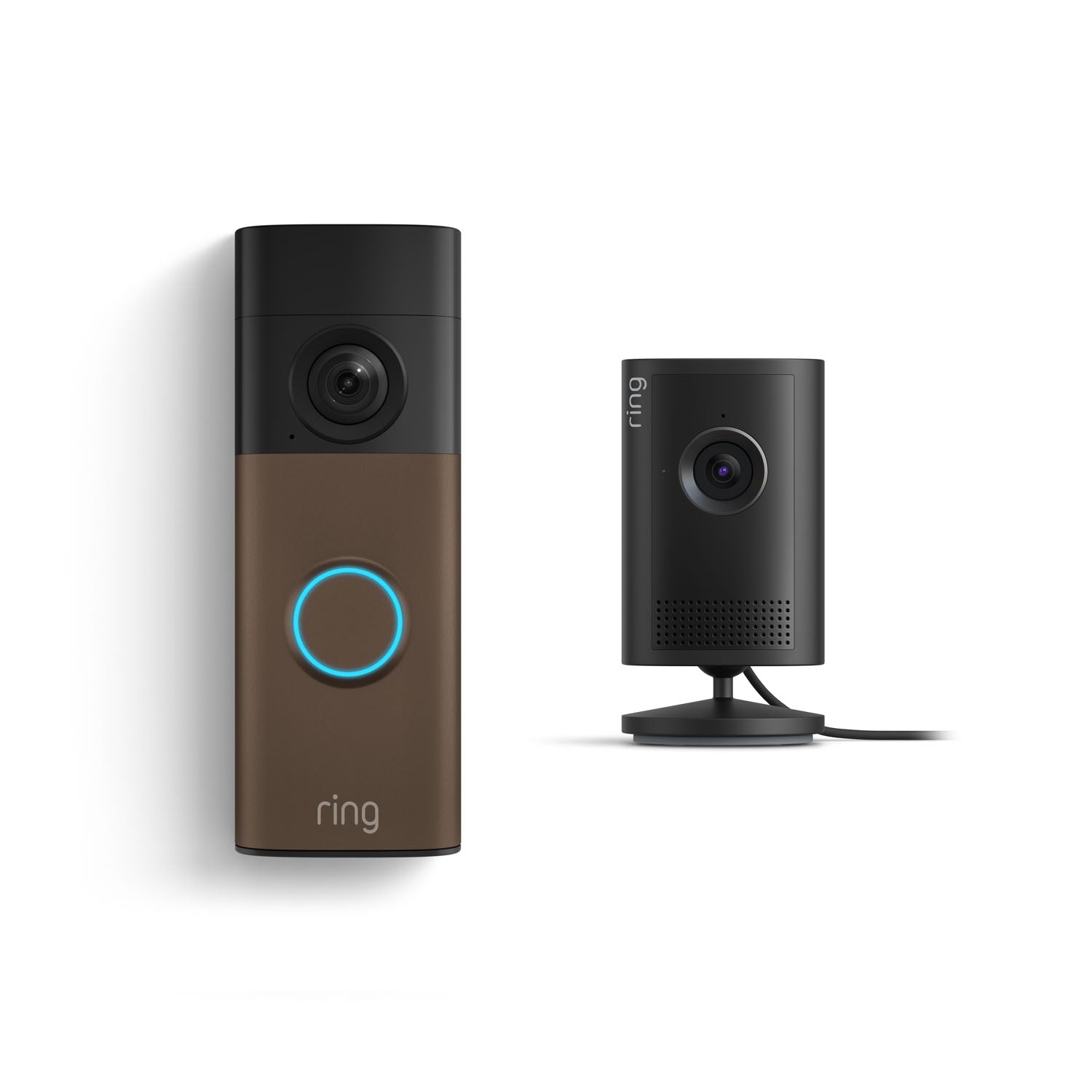 Ring doorbell with bronze faceplate and glowing blue button beside a compact black indoor camera on a stand, both against a white background.