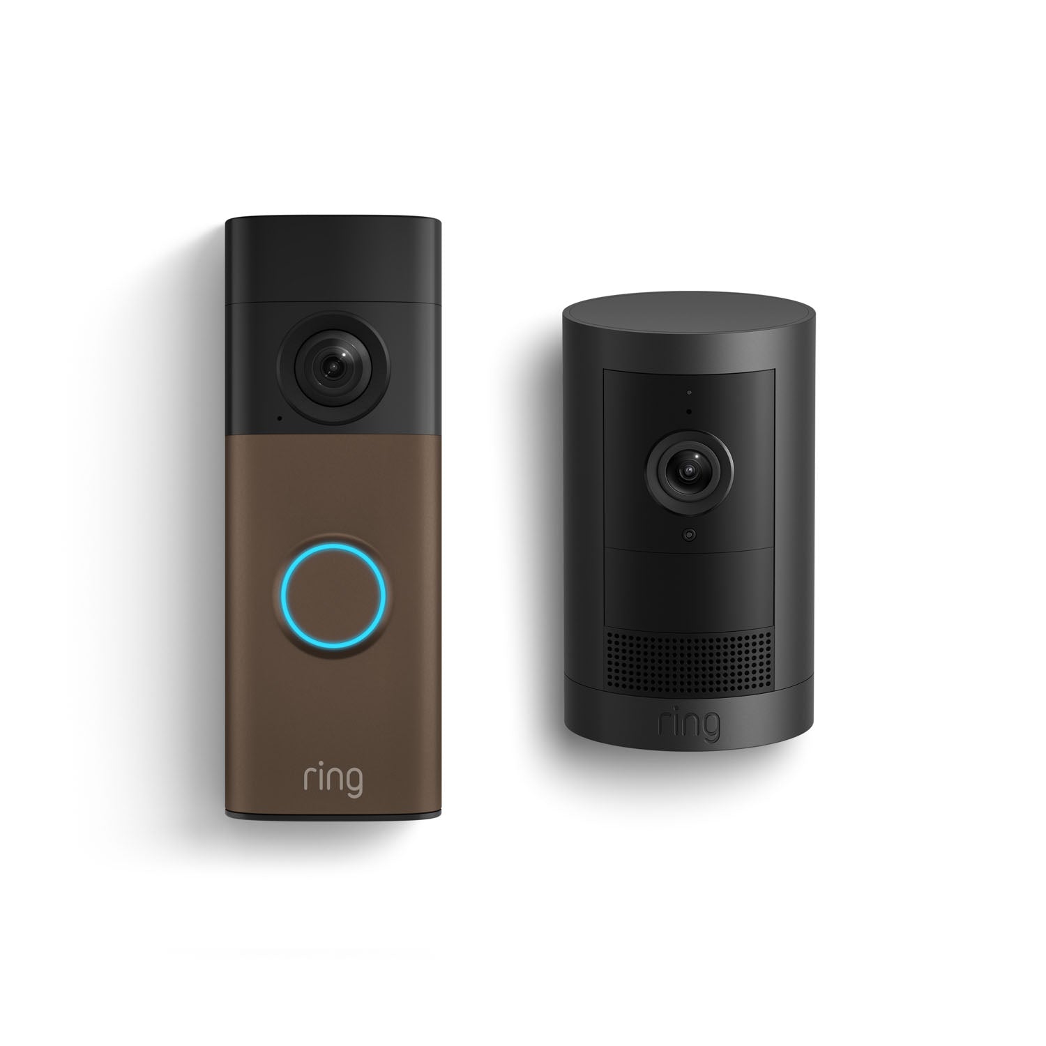 Two Ring devices on a white background: a brown video doorbell with a glowing blue ring and a compact black indoor camera.