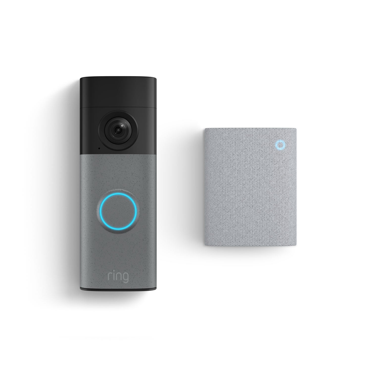 Black and gray smart doorbell with camera and glowing blue ring beside a small gray chime with a blue LED indicator.