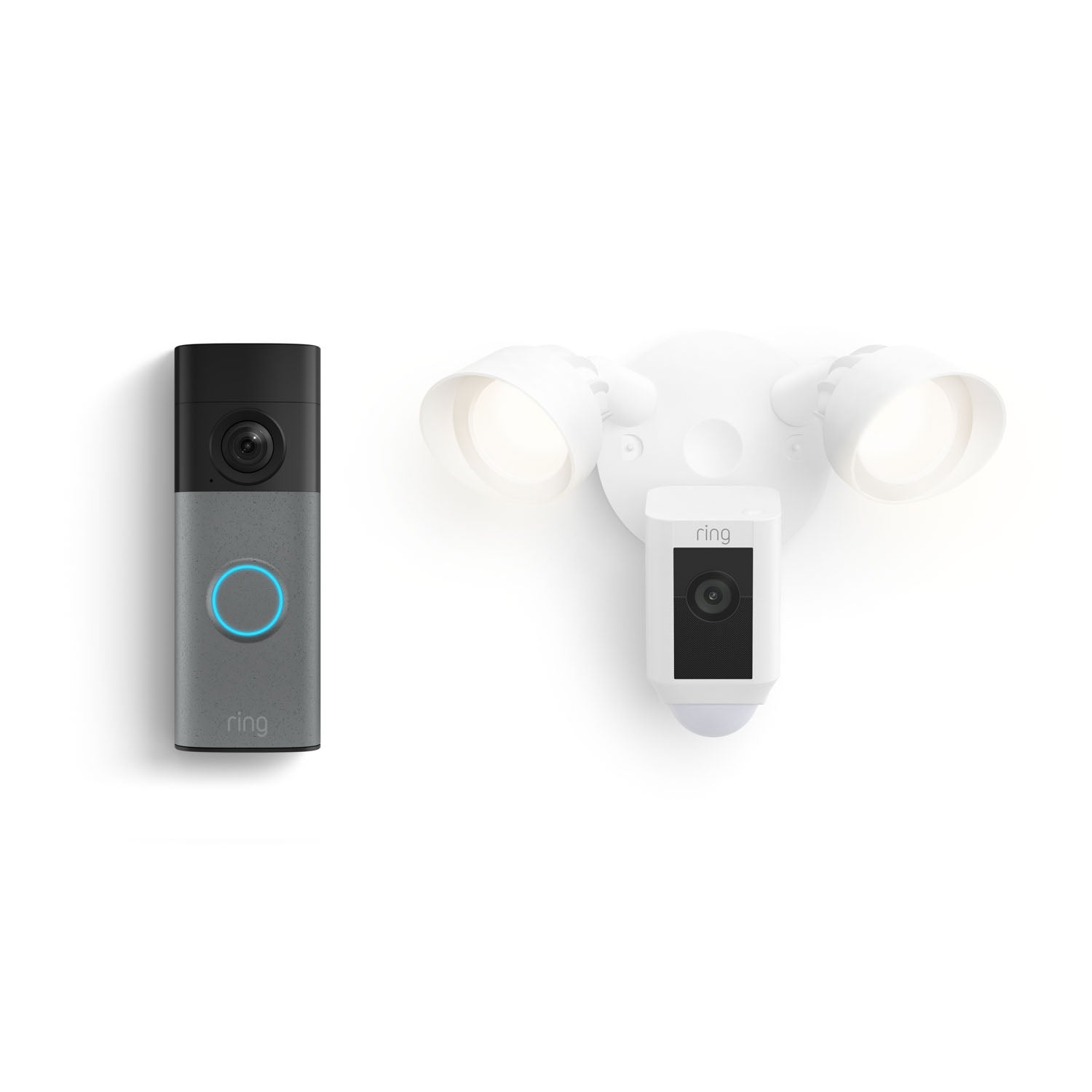 Ring smart doorbell with glowing blue ring next to a white floodlight camera with two lamps, shown against a clean white background.
