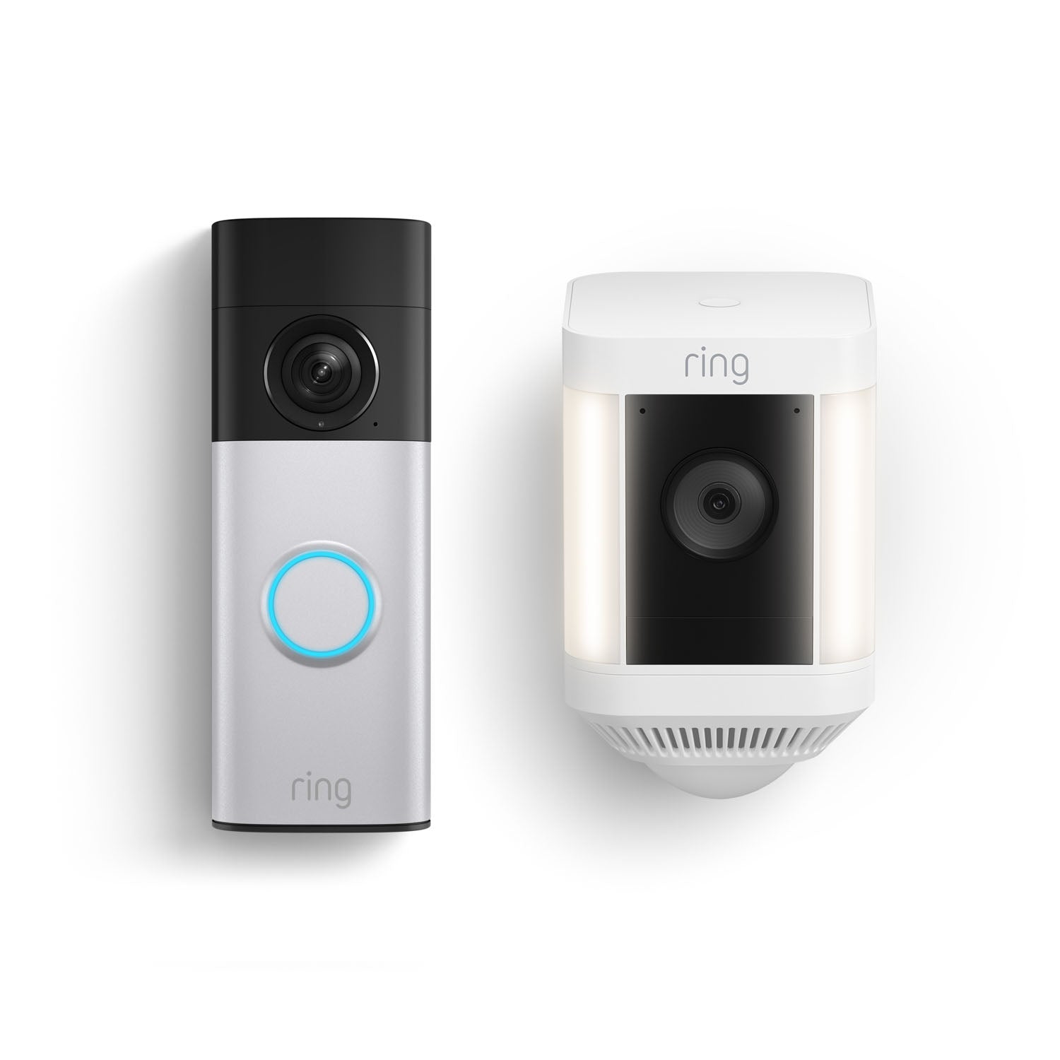 Two Ring devices on a white background: a silver video doorbell with a blue-lit button and a white floodlight camera with side lights.