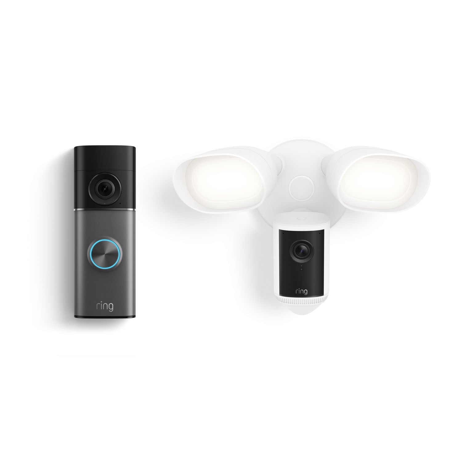 Black video doorbell with glowing blue ring next to a white dual floodlight fixture with built-in camera on a white background.