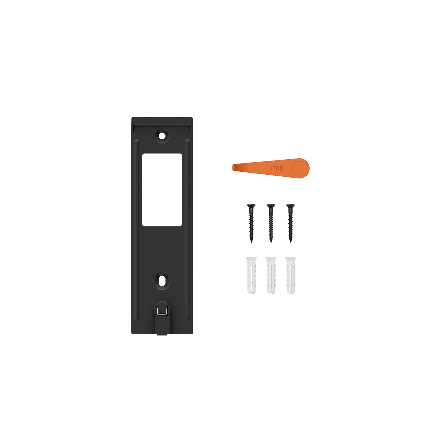 Black doorbell mounting bracket kit with screws, wall anchors, and an orange plastic tool arranged neatly on a white background.