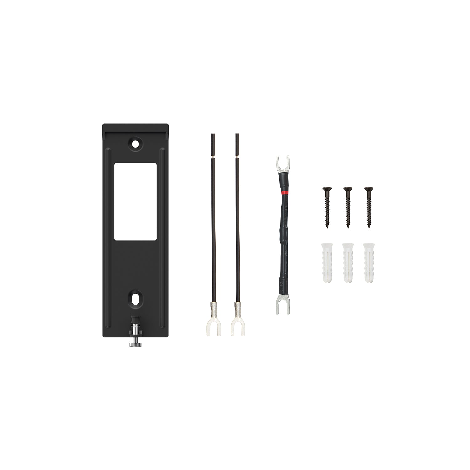 Doorbell mounting kit laid out: black faceplate with cutout, two short wires, a forked jumper wire, three screws, and anchors.
