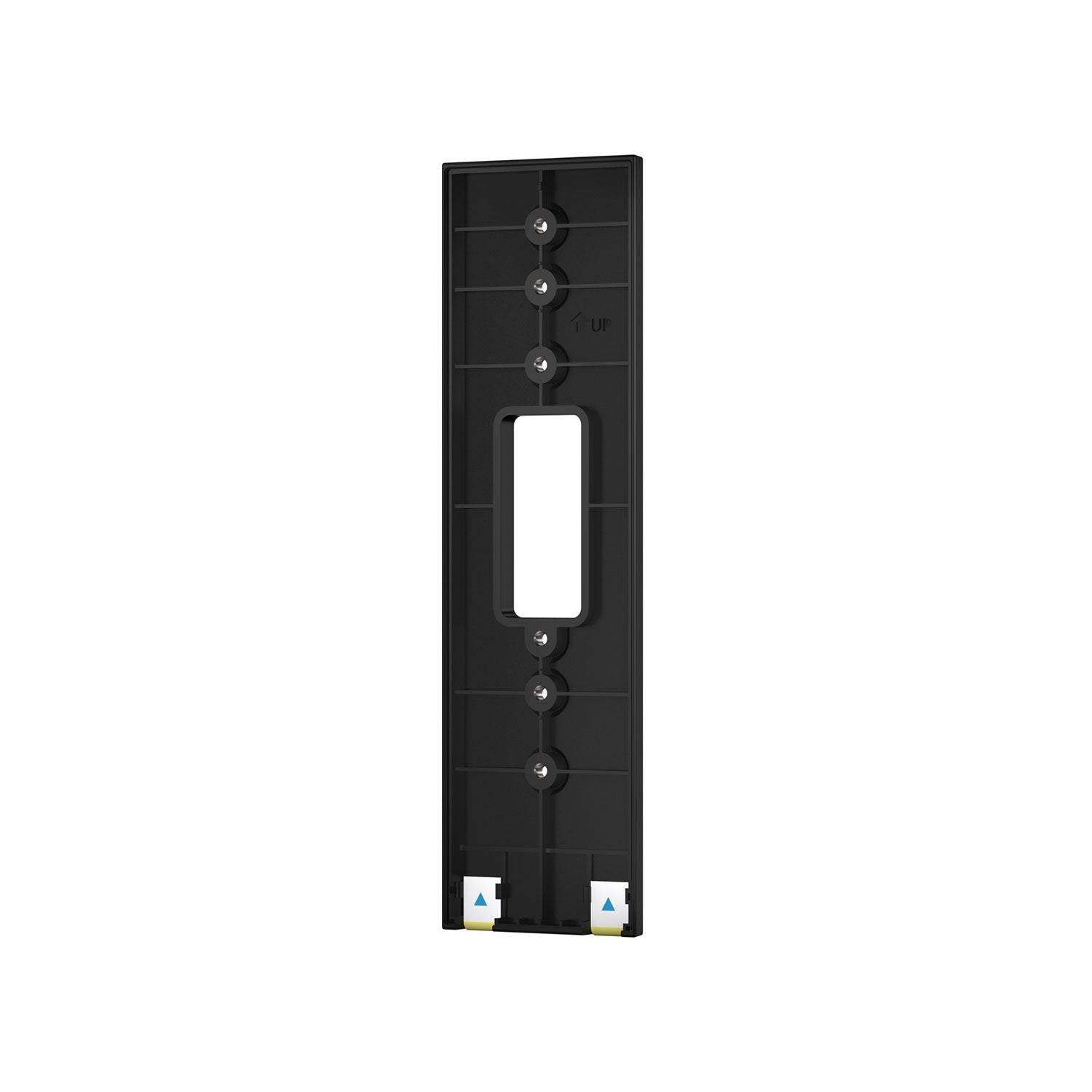 Black rectangular mounting bracket with central cutout, vertical screw points, and small arrow markers, shown on a white background.
