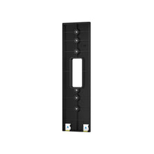Black rectangular mounting bracket with central cutout, vertical screw points, and small arrow markers, shown on a white background.