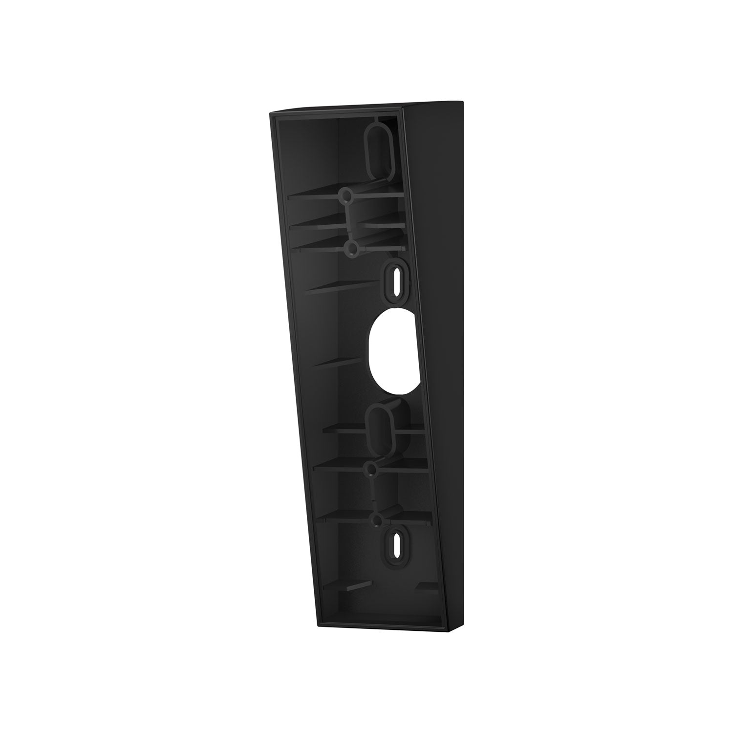 Black angled doorbell wedge mount with interior screw slots and cable opening, shown isolated on a white background.