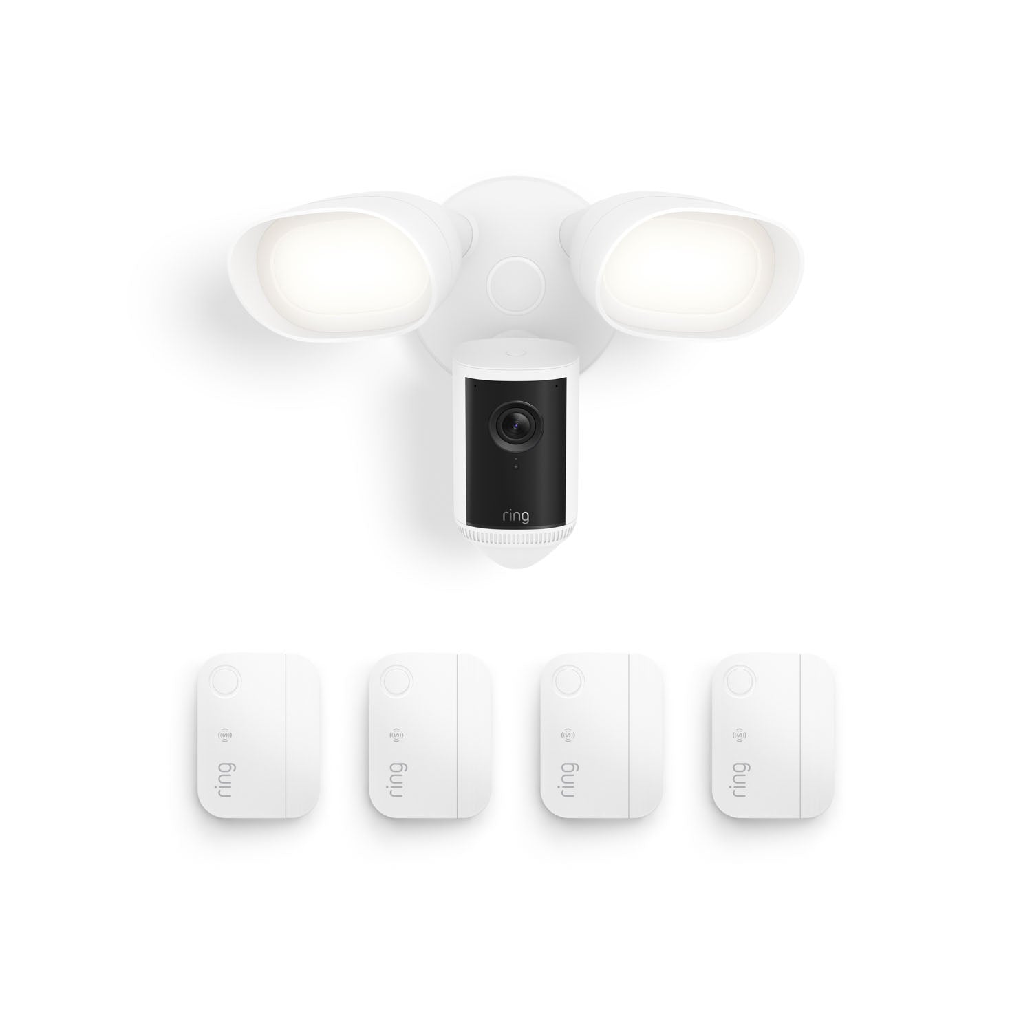 White Ring floodlight camera with two bright LED panels above a central camera, shown with four matching white wireless sensors.