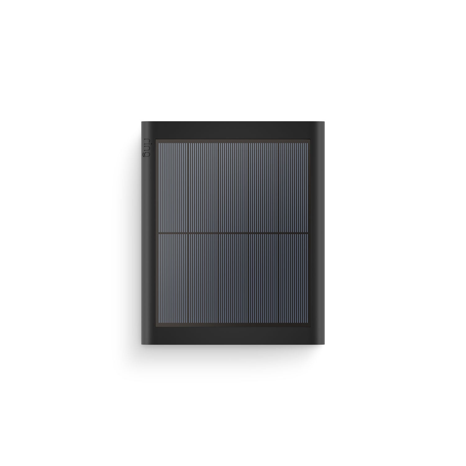 Black rectangular solar panel with grid pattern and subtle “ring” logo on the left, shown against a white background.