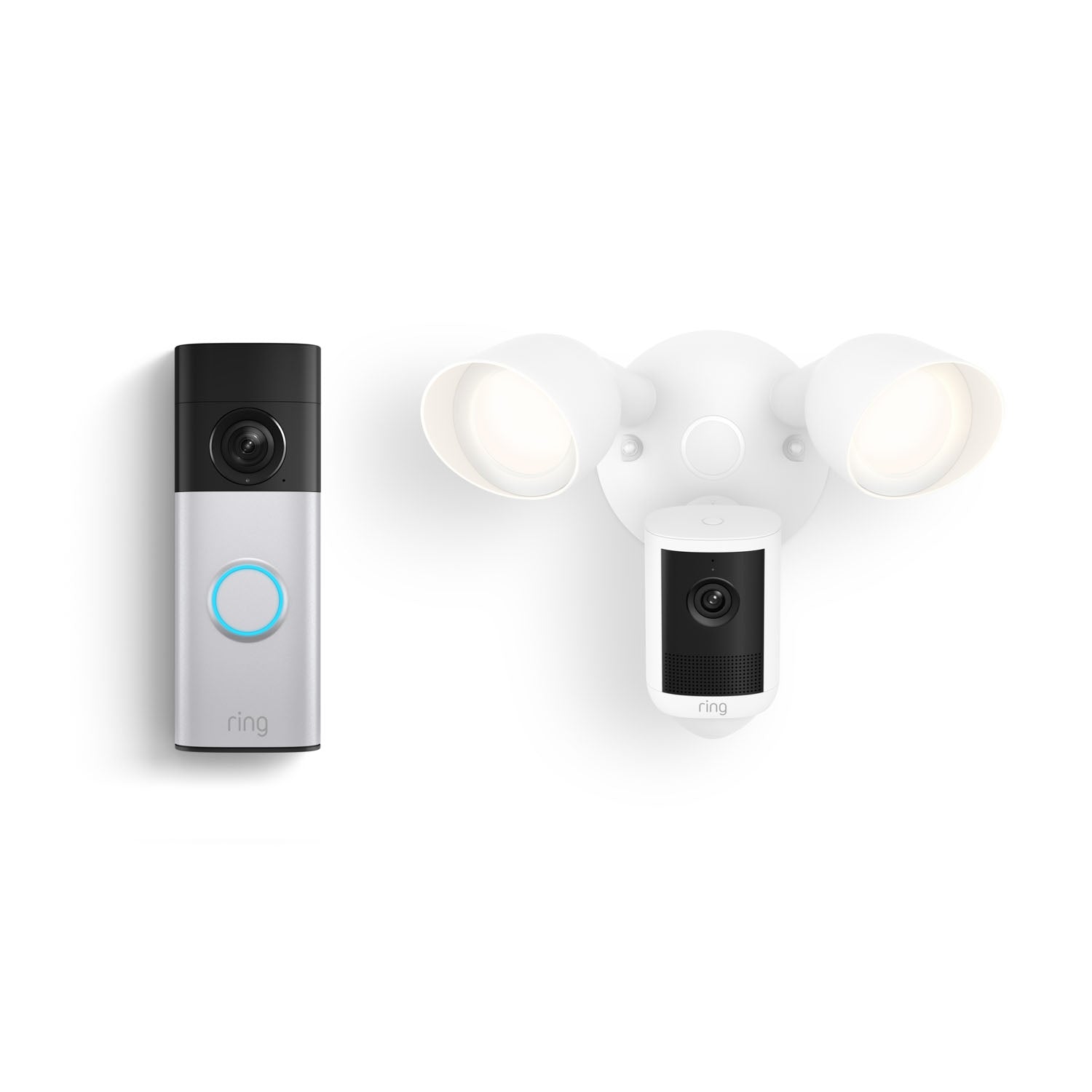 Ring video doorbell with glowing blue ring beside a white floodlight camera with two lit lamps on a white background.