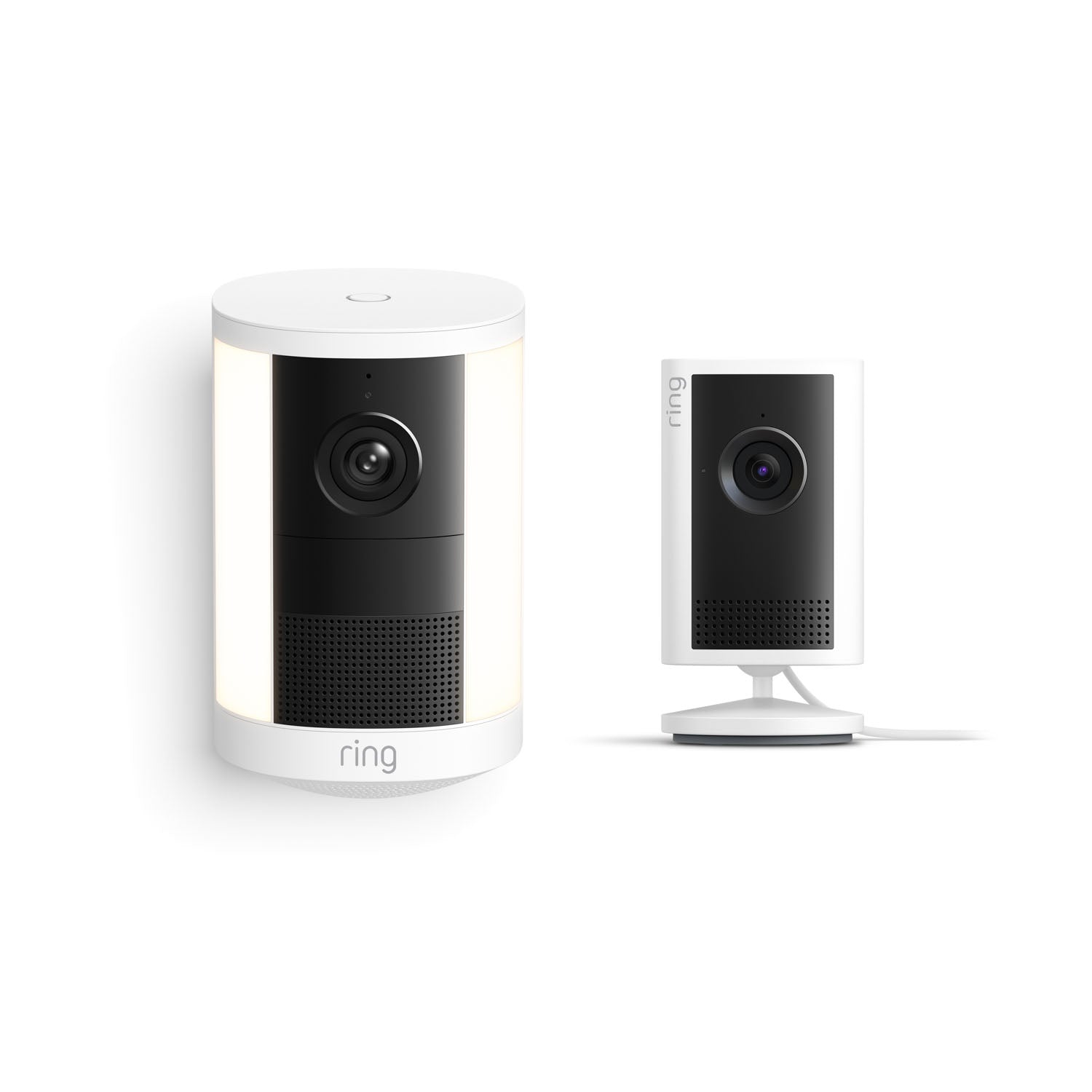 Two white-and-black Ring home cameras on a white background: a cylindrical unit with side lights and a compact plug-in camera on a stand.