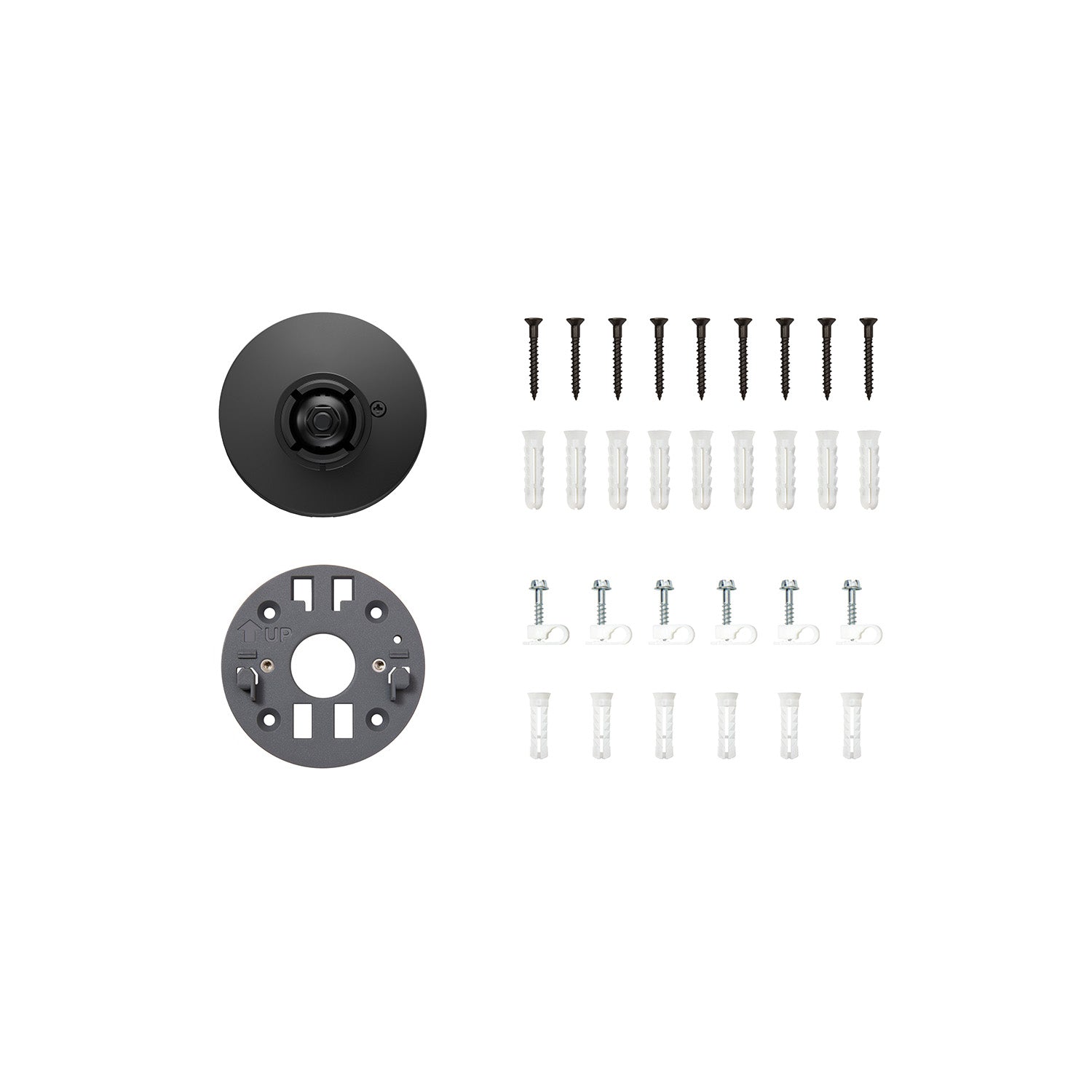 Black camera mount and grey mounting plate, screws, wall anchors, and cable clips arranged neatly on a white background.