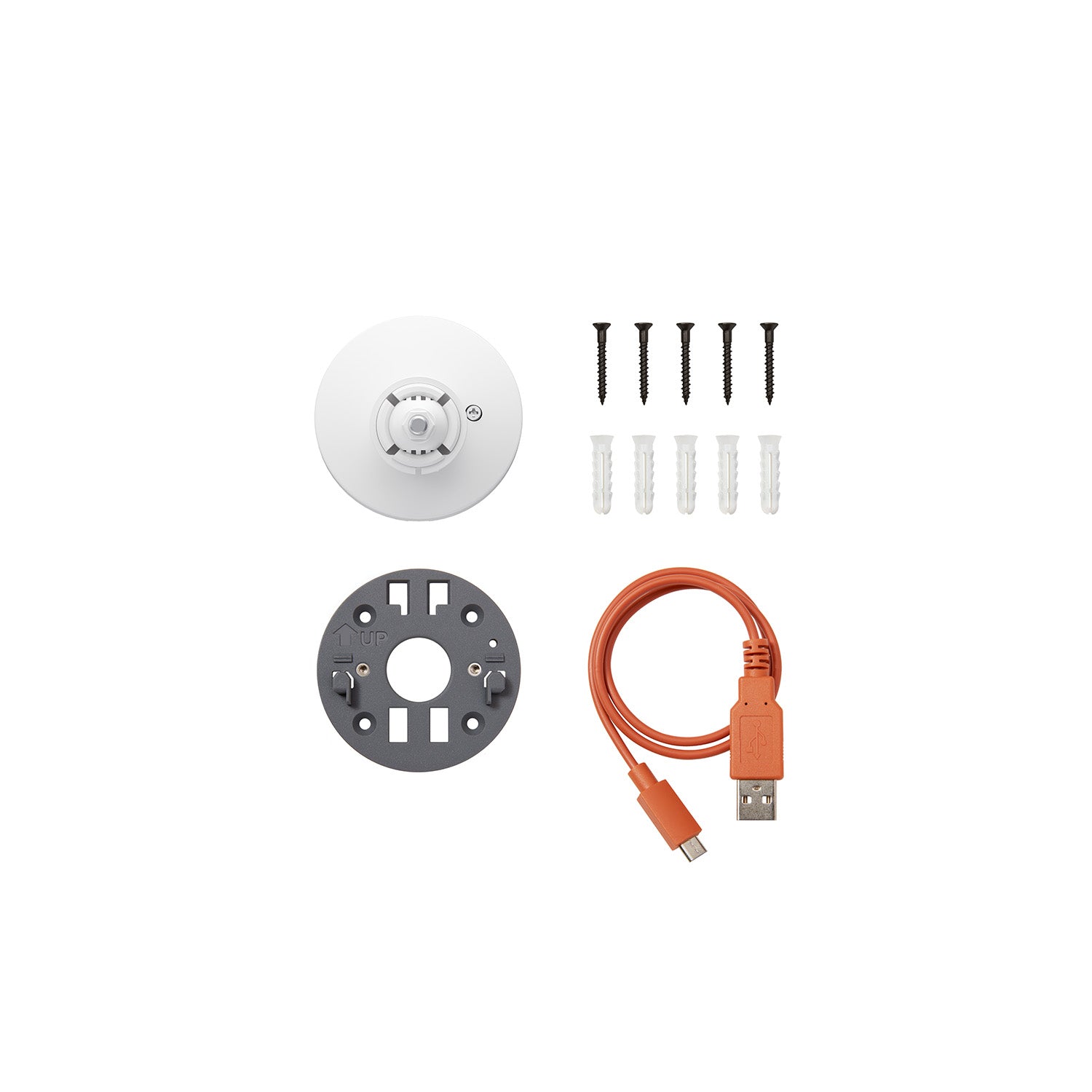 White camera mount with grey mounting plate, screws and anchors, and an orange USB-A to micro-USB cable arranged on a white background.