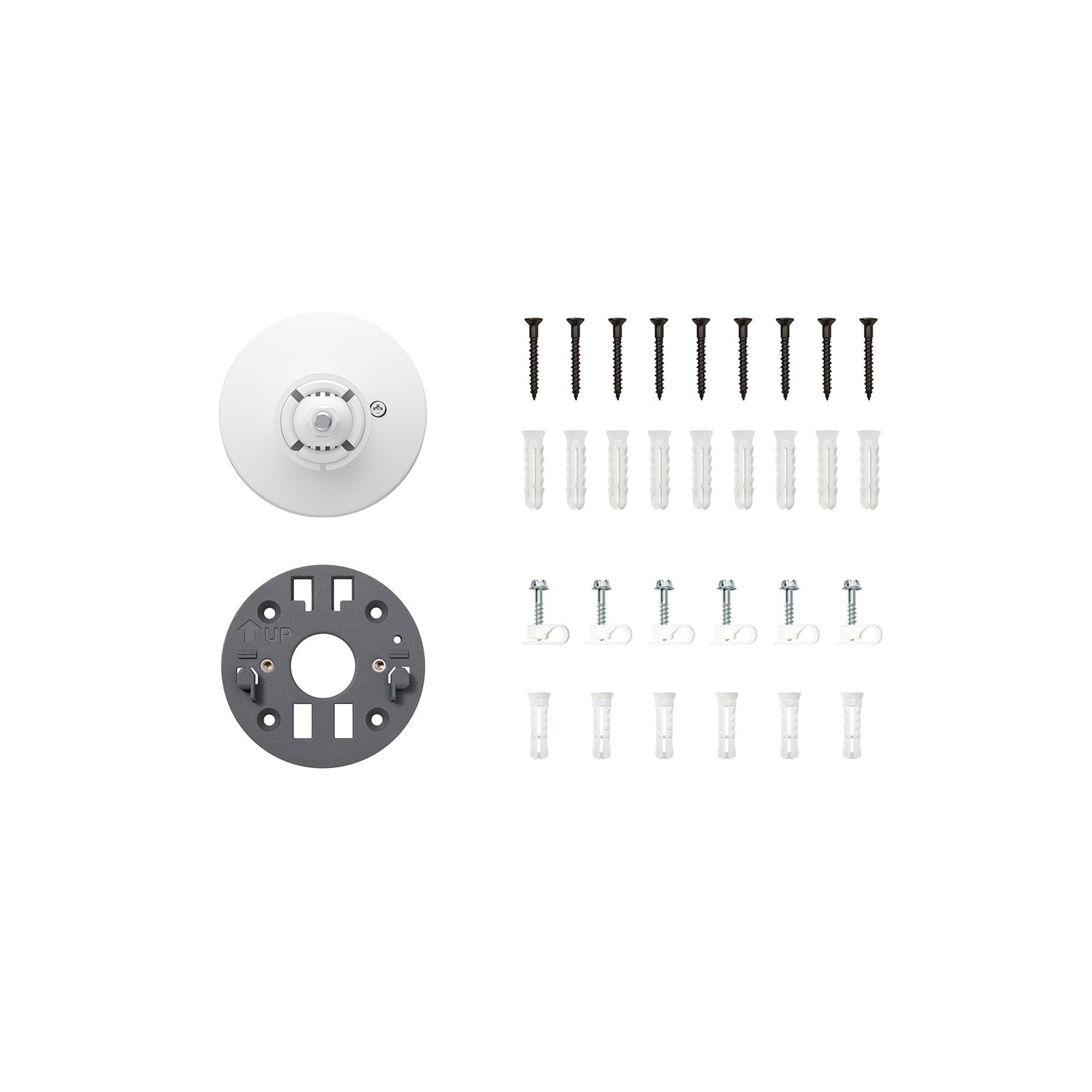 White camera mount and grey mounting plate, screws, wall anchors, and cable clips arranged neatly on a white background.