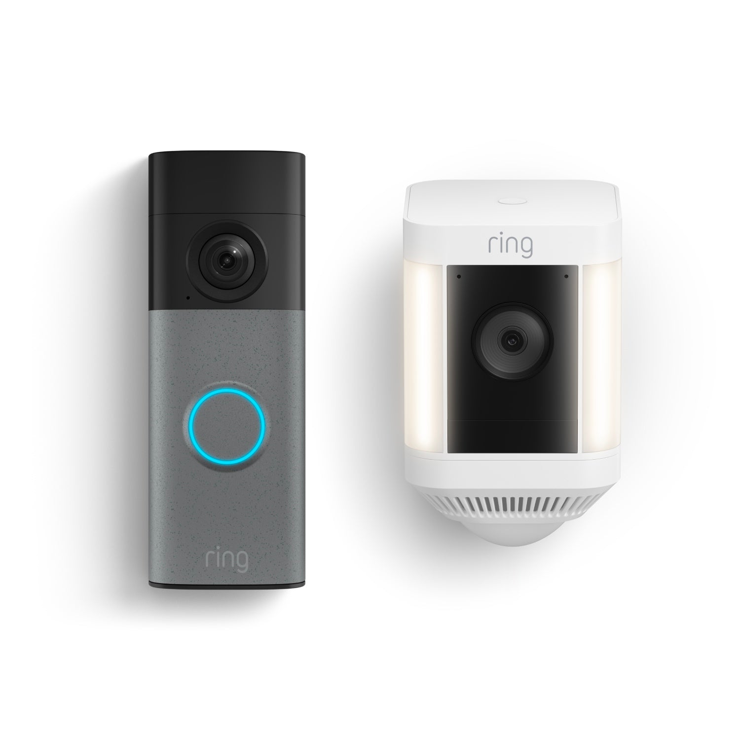 A gray smart doorbell with a glowing blue ring and a white outdoor camera with dual light panels and black lens.