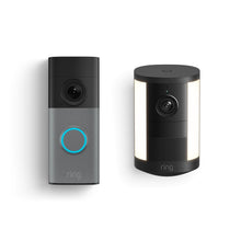 A gray video doorbell with a glowing blue ring and a black cylindrical camera with dual light panels.