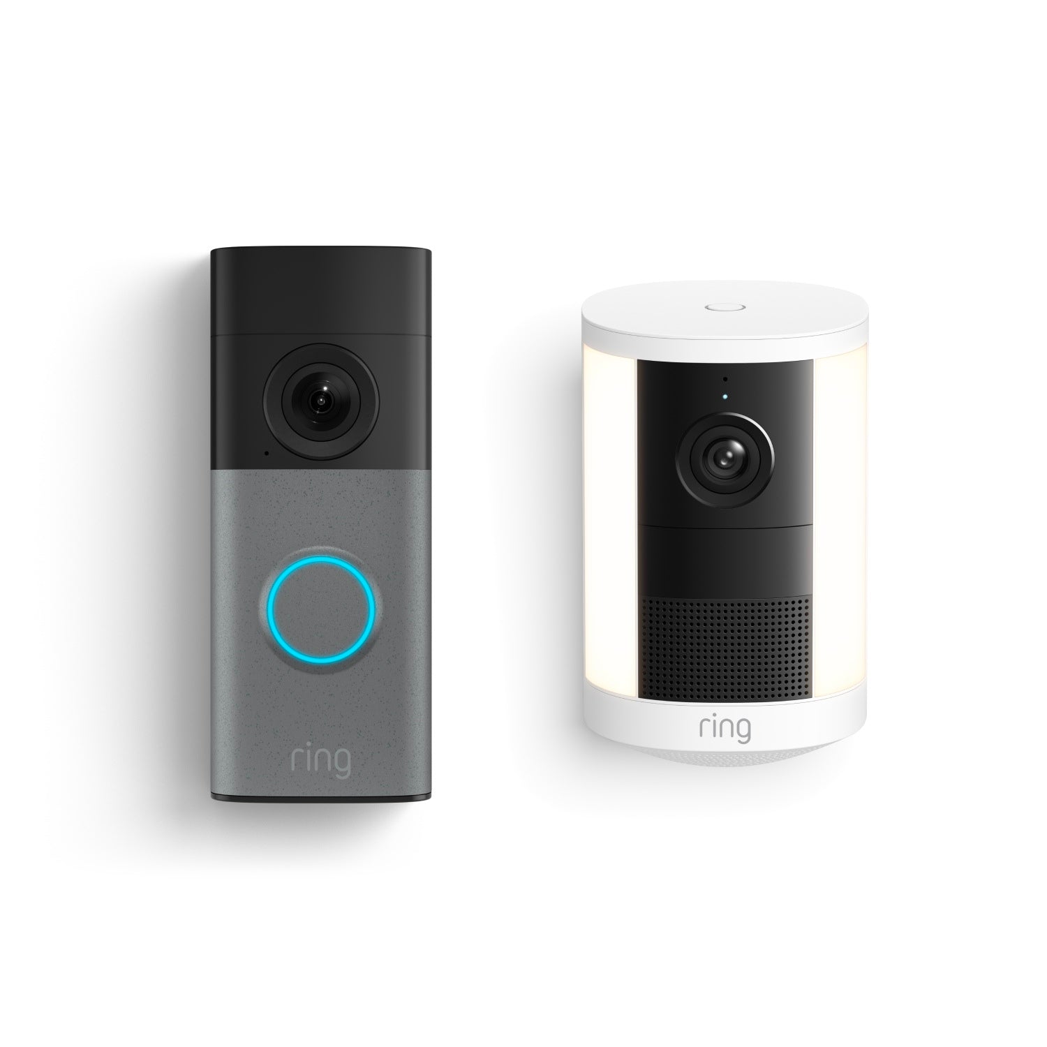 A gray video doorbell with a glowing blue ring and a white cylindrical indoor camera with side lights.