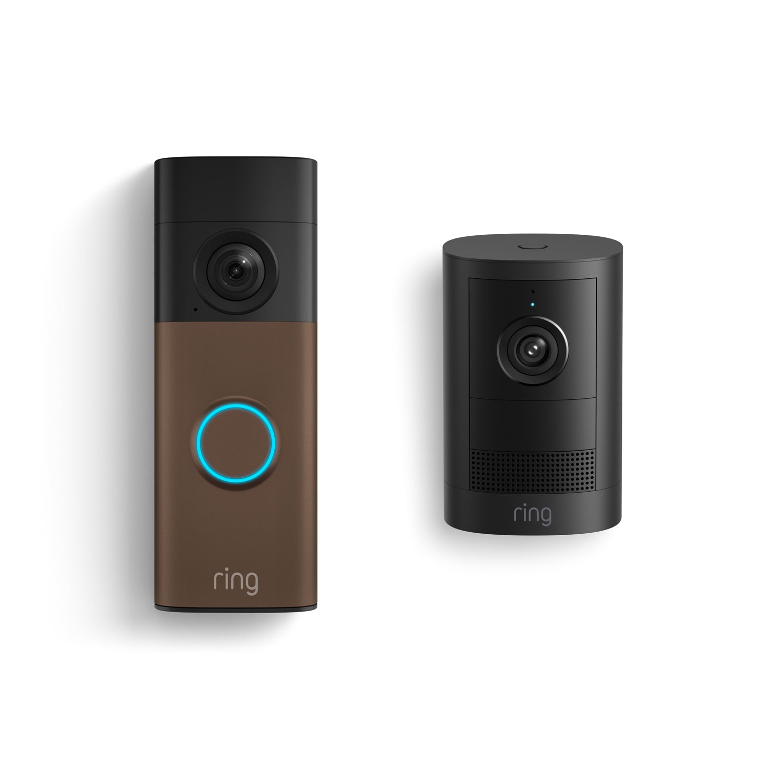 Ring Battery Doorbell 2K in Matte Mocha with Outdoor Cam 2K, Battery in Black.