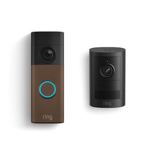 Ring Battery Doorbell 2K in Matte Mocha with Outdoor Cam 2K, Battery in Black.