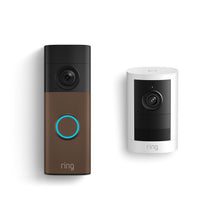 Ring Battery Doorbell 2K in Matte Mocha with Outdoor Cam 2K, Battery in White.