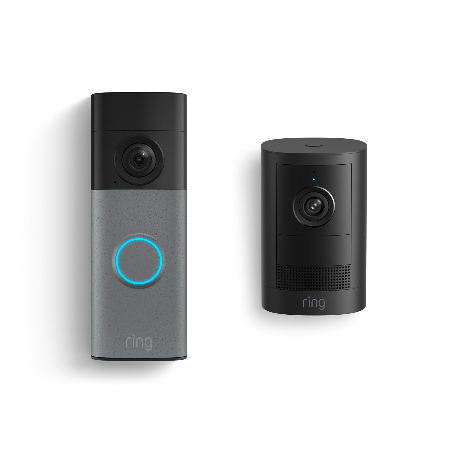 Ring Battery Doorbell 2K in Speckled Gray with Outdoor Cam 2K, Battery in Black.