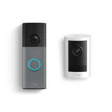 Ring Battery Doorbell 2K in Speckled Gray with Outdoor Cam 2K, Battery in White.